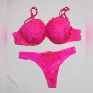 VS bra & panty set. Pink with red lace accents. Push up bra size 34D thong med.